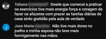 Depoimentos de alunos sobre mais energia e menos dores